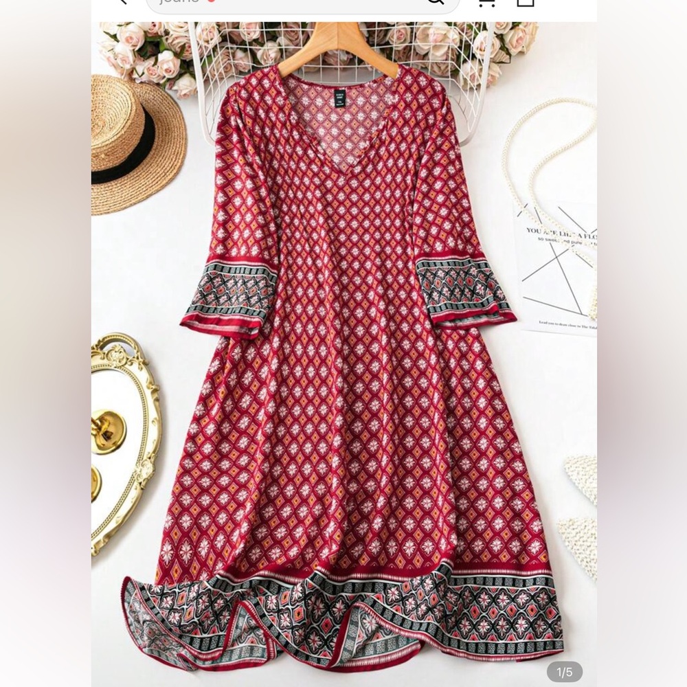 SHEIN Red and Black Geometric Long Sleeve Dress